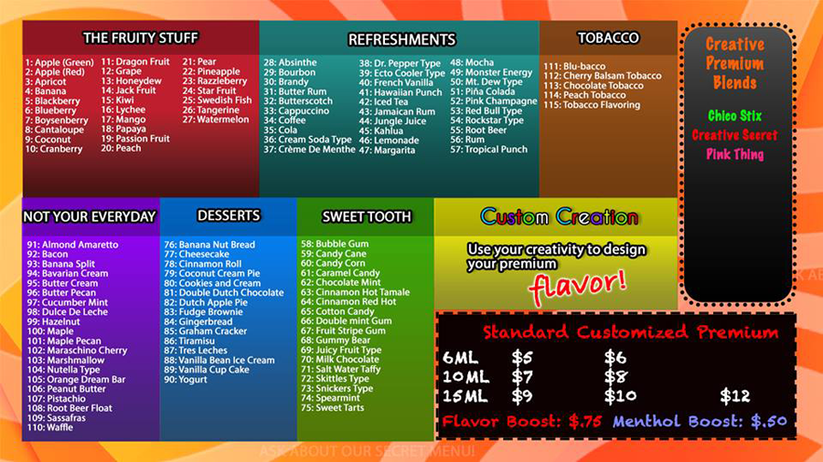 Creative E-Juice Menu